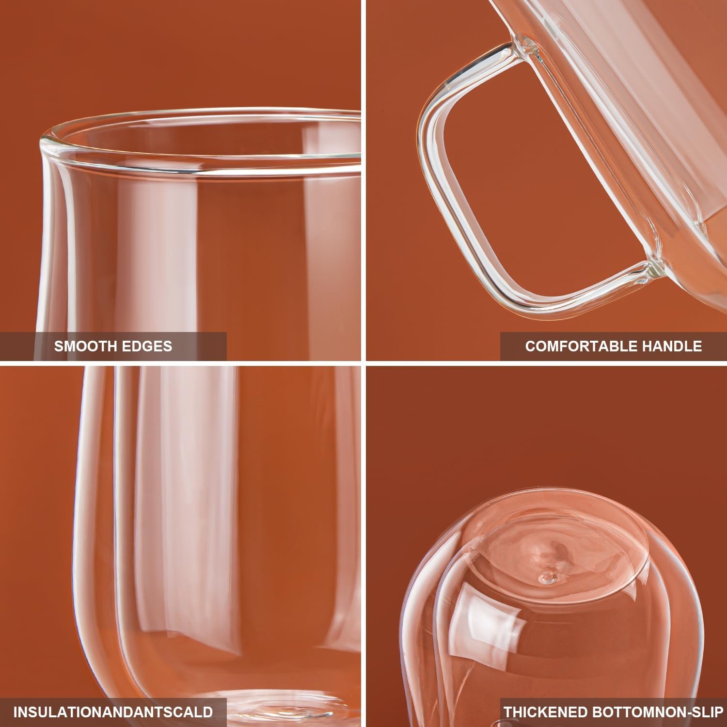 Double Walled Glass Coffee Mugs 12 OZ, Borosilicate Glass Coffee Cups Set of 2