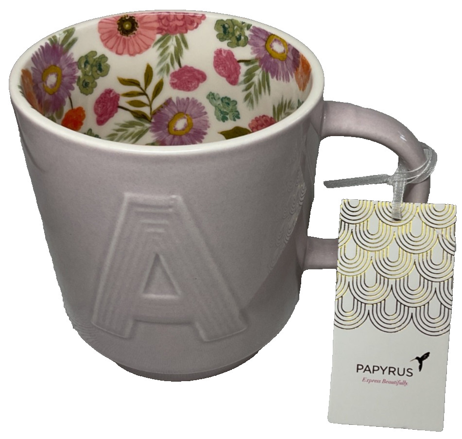 PAPYRUS MUG (1) INITIAL A LAVENDER FLORAL INTERIOR 3.75 ROUND x 4 INCHES NWT