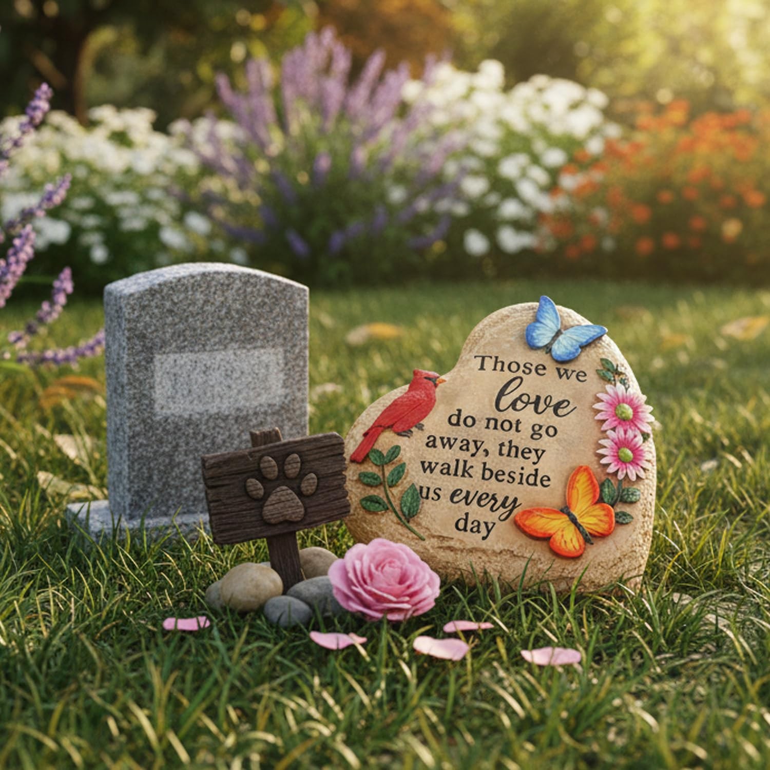 Memorial Stones for Loved Ones Outside with Cardinal Butterfly Flowers, Sympa…