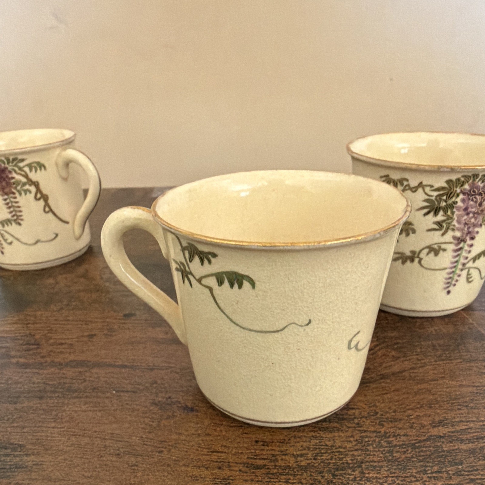 Set of 3 Ceramic Coffee Mugs Cream Purple Floral Vine Gold Rim 8 fl oz