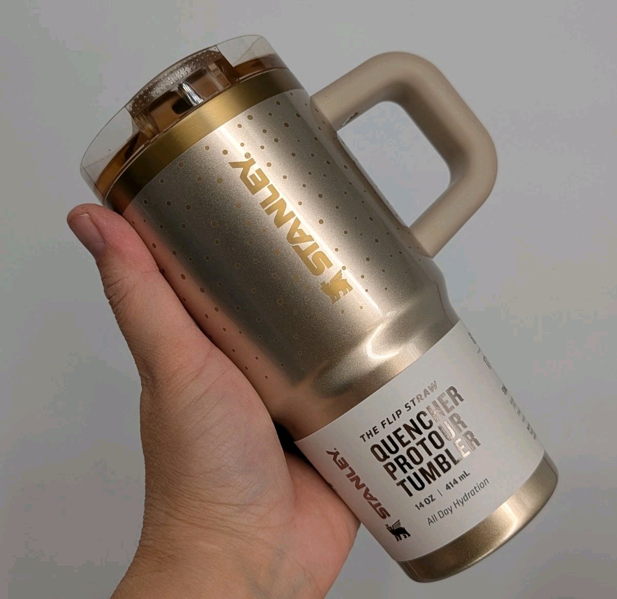 new STANLEY Protour Tumbler water bottle cup 14OZ Prosecco Shimmer Gold NO spill