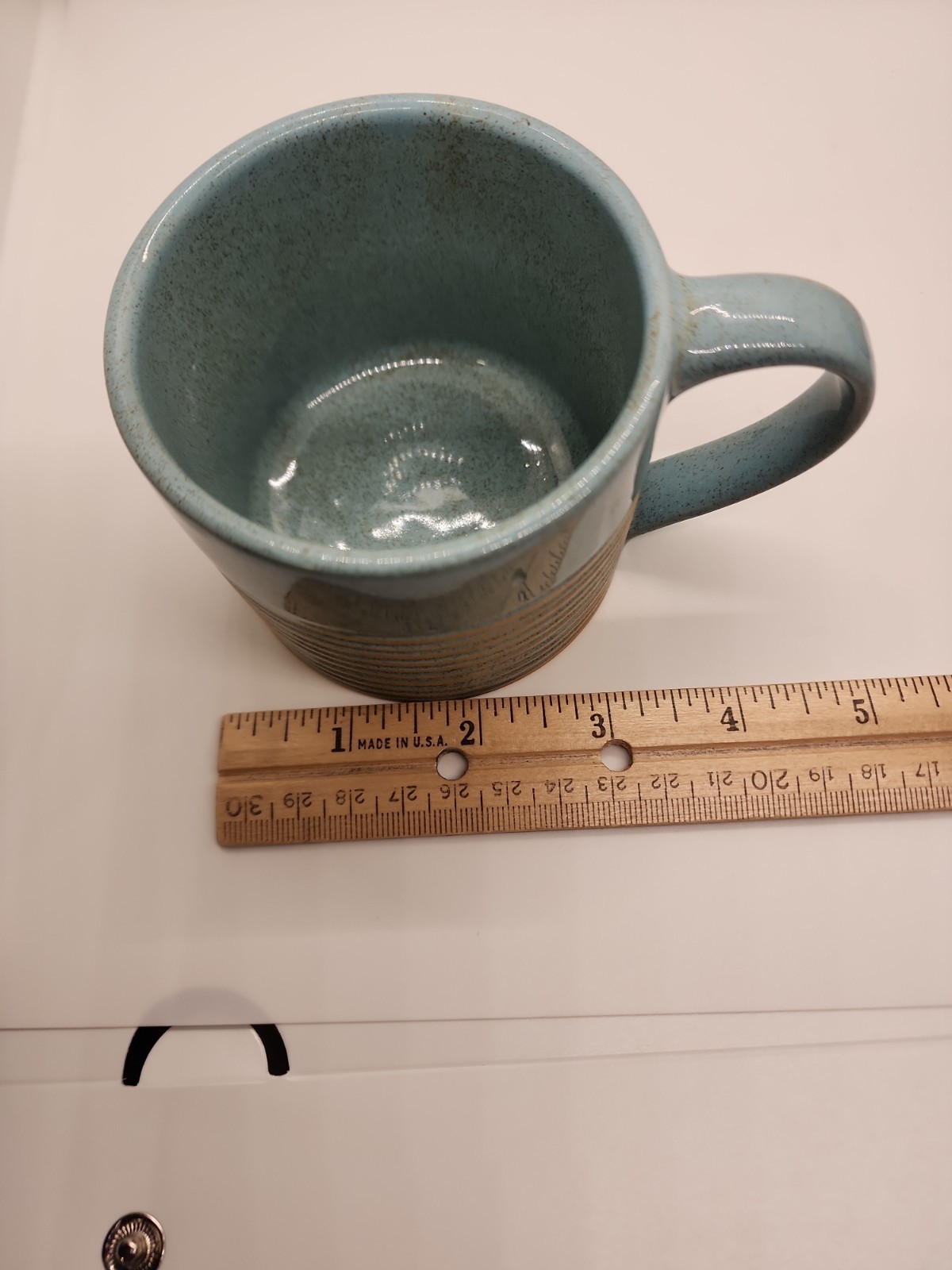 Set of 3 Handmade Coffee Cups 8oz Aqua w/ Tan Etched Stripes from ACP in Nepal