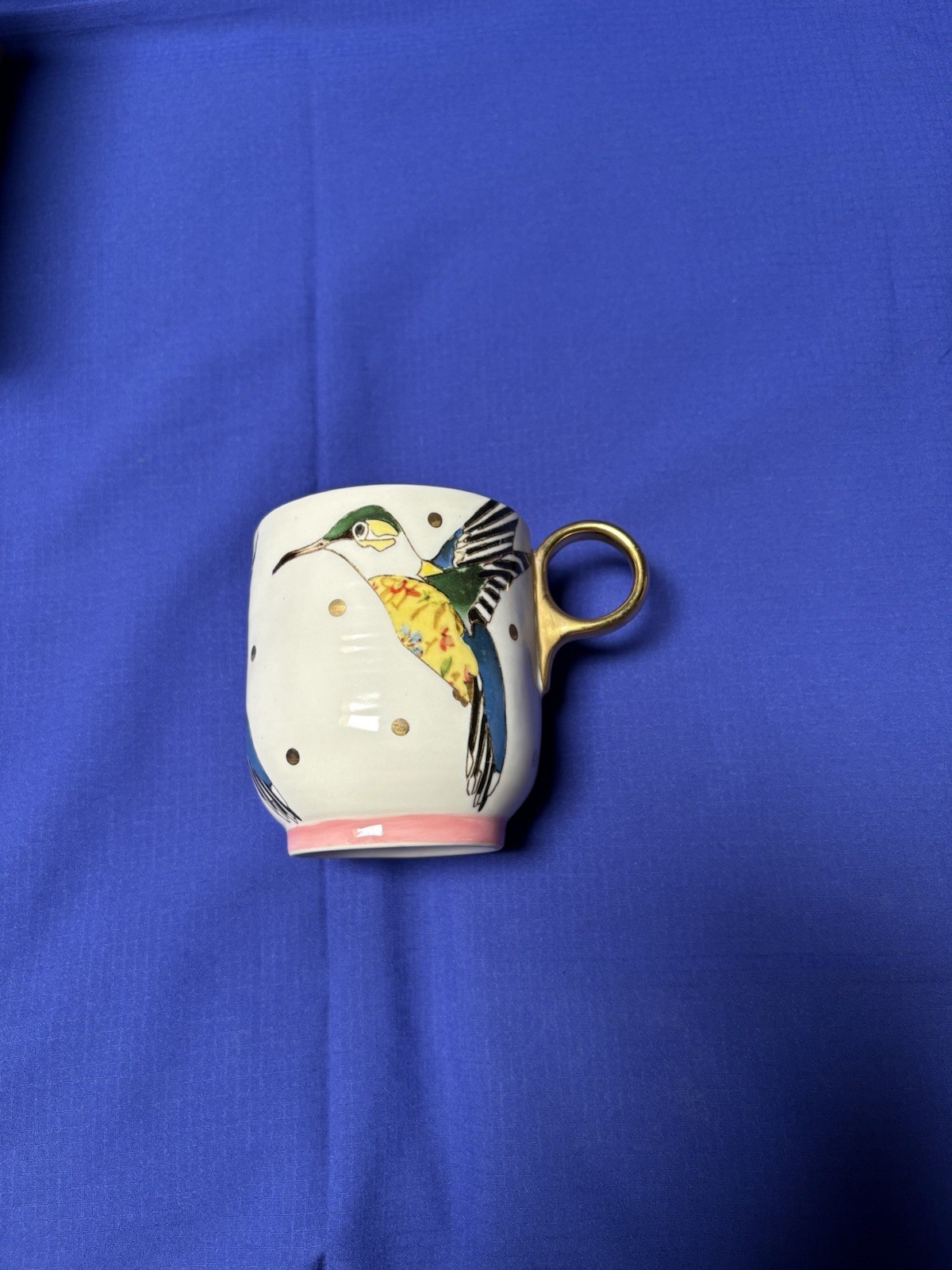 Lee Page Ceramic 3 Hummingbird Coffee Mug White Pink Gold-Tone Handle Decorated