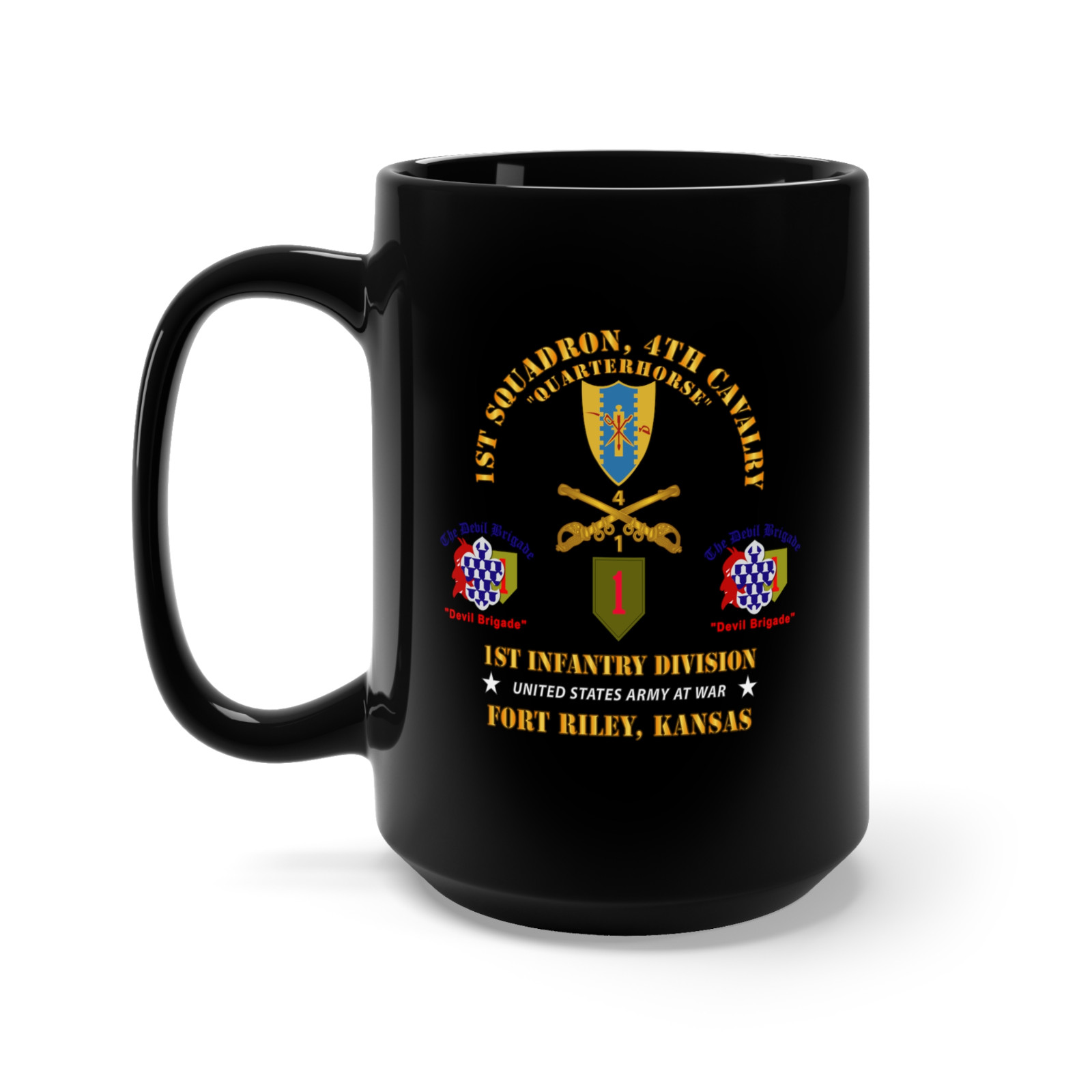 Black Mug 15oz – Army – 1st Squadron, 4th Cavalry – 1st Inf Div – Devil Bde – Ft