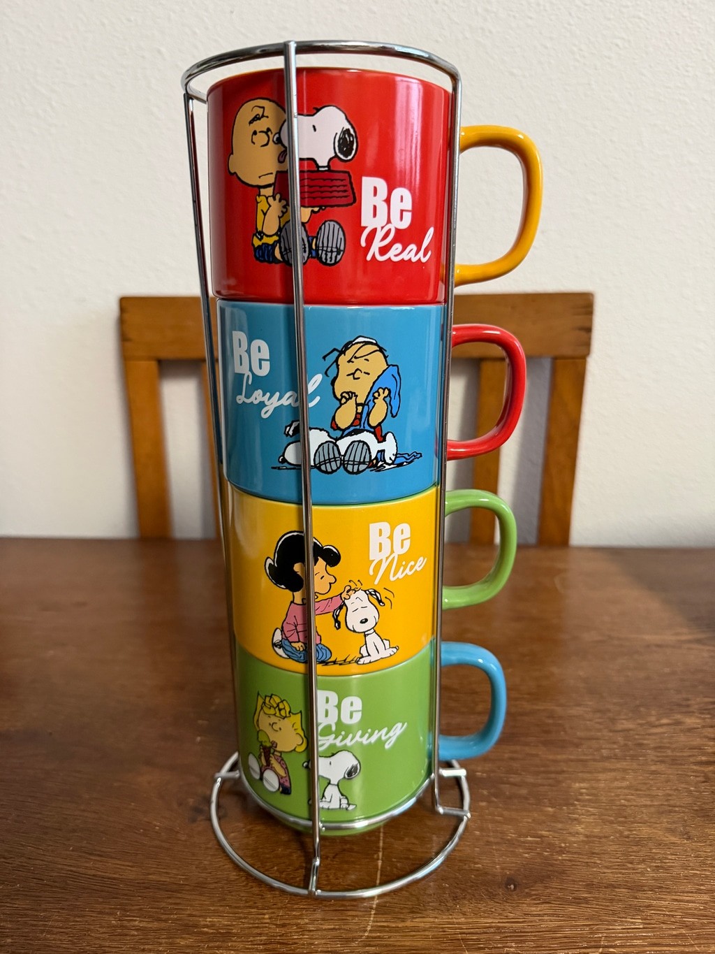 Peanuts Gentle Reminders 4 Pc Stackable Stoneware Mug Set with Metal Rack Snoopy