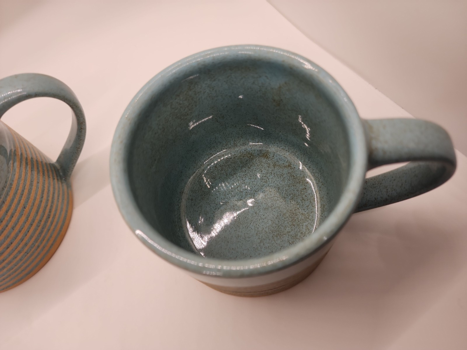 Set of 3 Handmade Coffee Cups 8oz Aqua w/ Tan Etched Stripes from ACP in Nepal