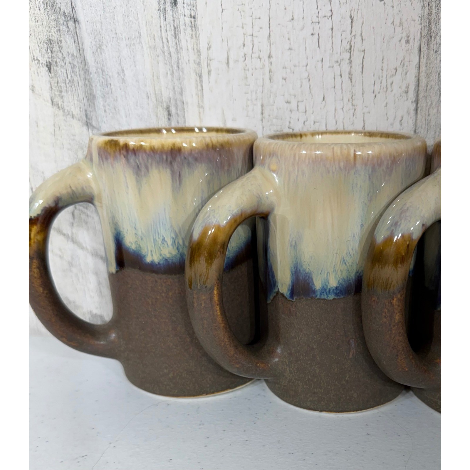 Rodolfo Padilla Stoneware Mug Set of 6 Brown Cream Blue Drip Glaze Round