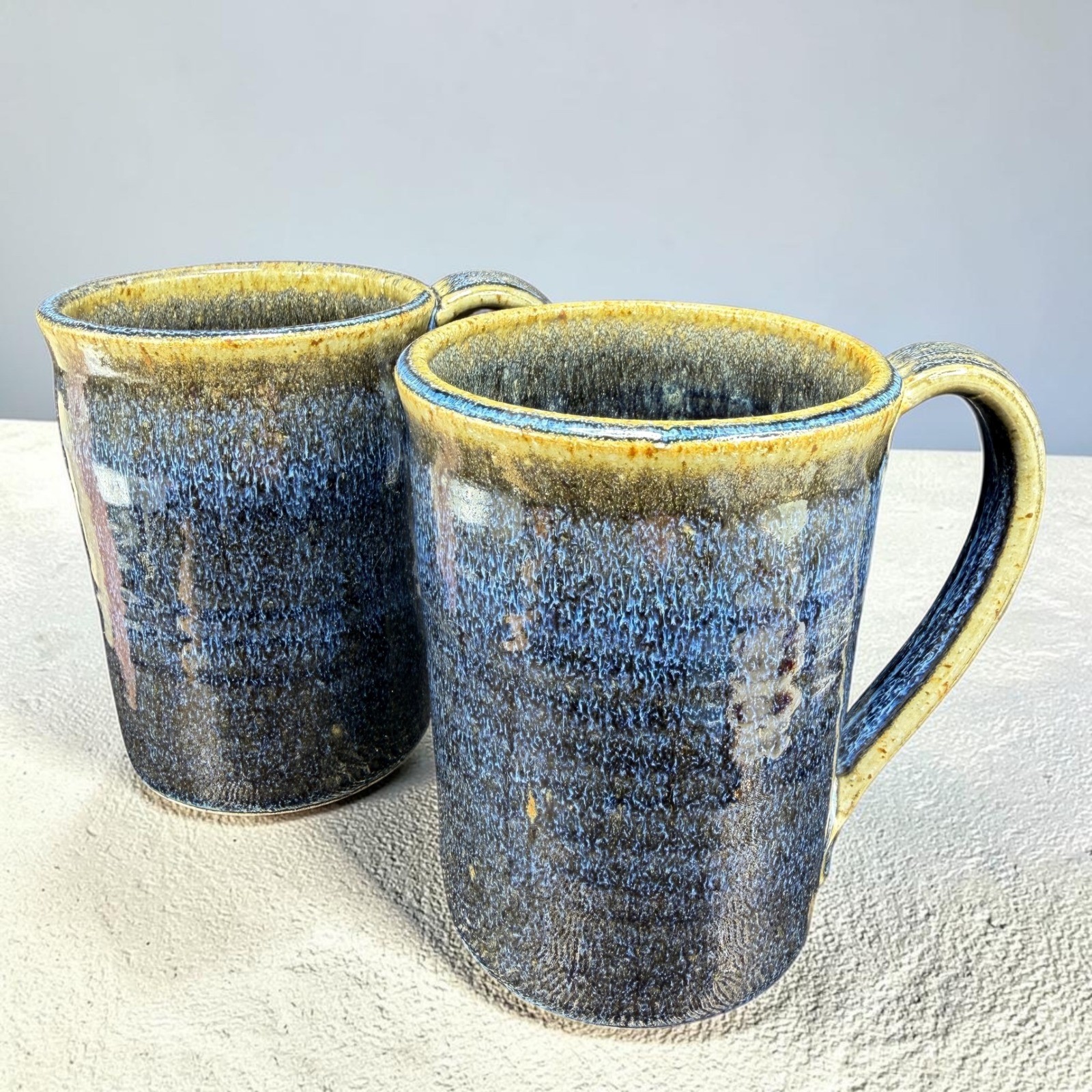 Studio Pottery Blue Tan Drip Glaze Stoneware Mugs Set of 2 Handcrafted 5in
