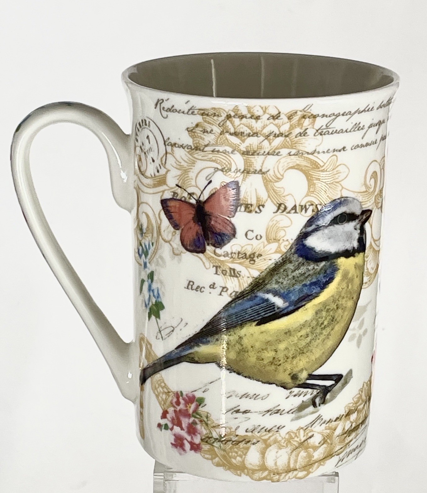 KENT POTTERY WHITE PORCELAIN W/BIRDS, BUTTERFLIES & FLORALS COFFEE MUG ~~ENGLAND