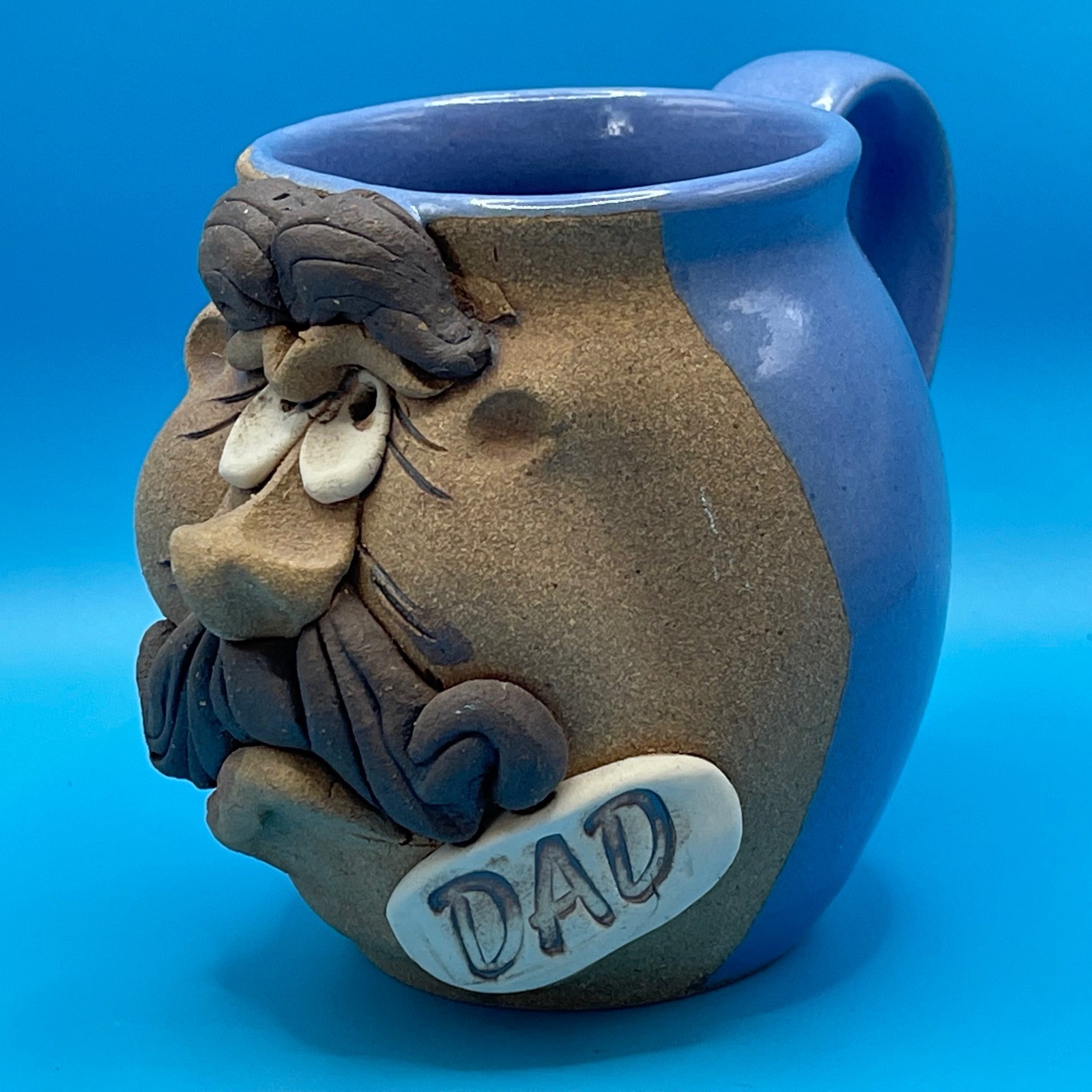 Handmade Studio Pottery Ugly Face Mug Blue Brown Dad Mustache Sculpted Folk Art