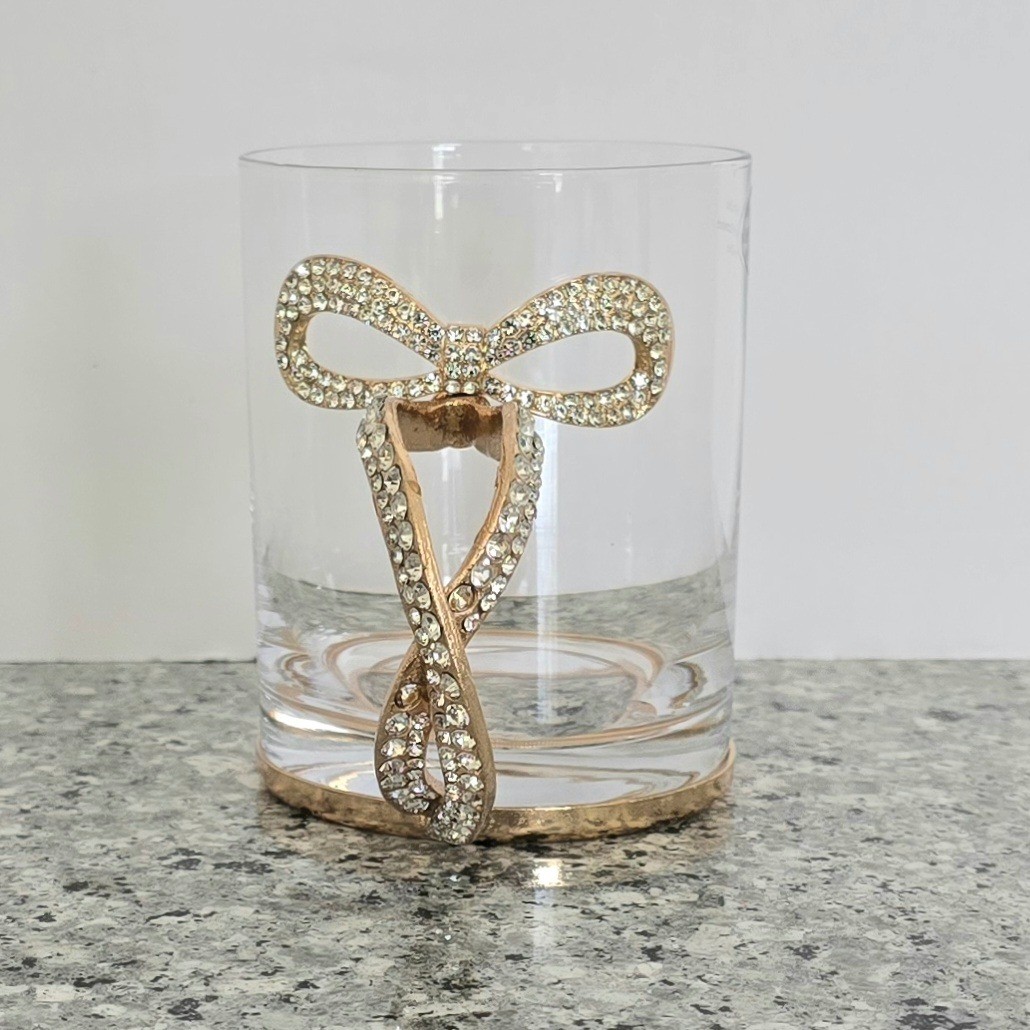Gold Bow Rhinestone Handle Glass Mug Clear Coffee Cup Glam Coquette Bling