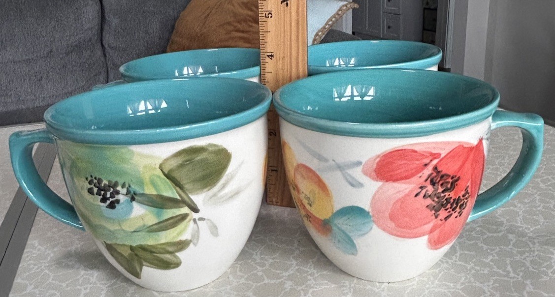 The Pioneer Women Flea Market Decorated Coffee Cup, Floral Turquoise, Set of 4