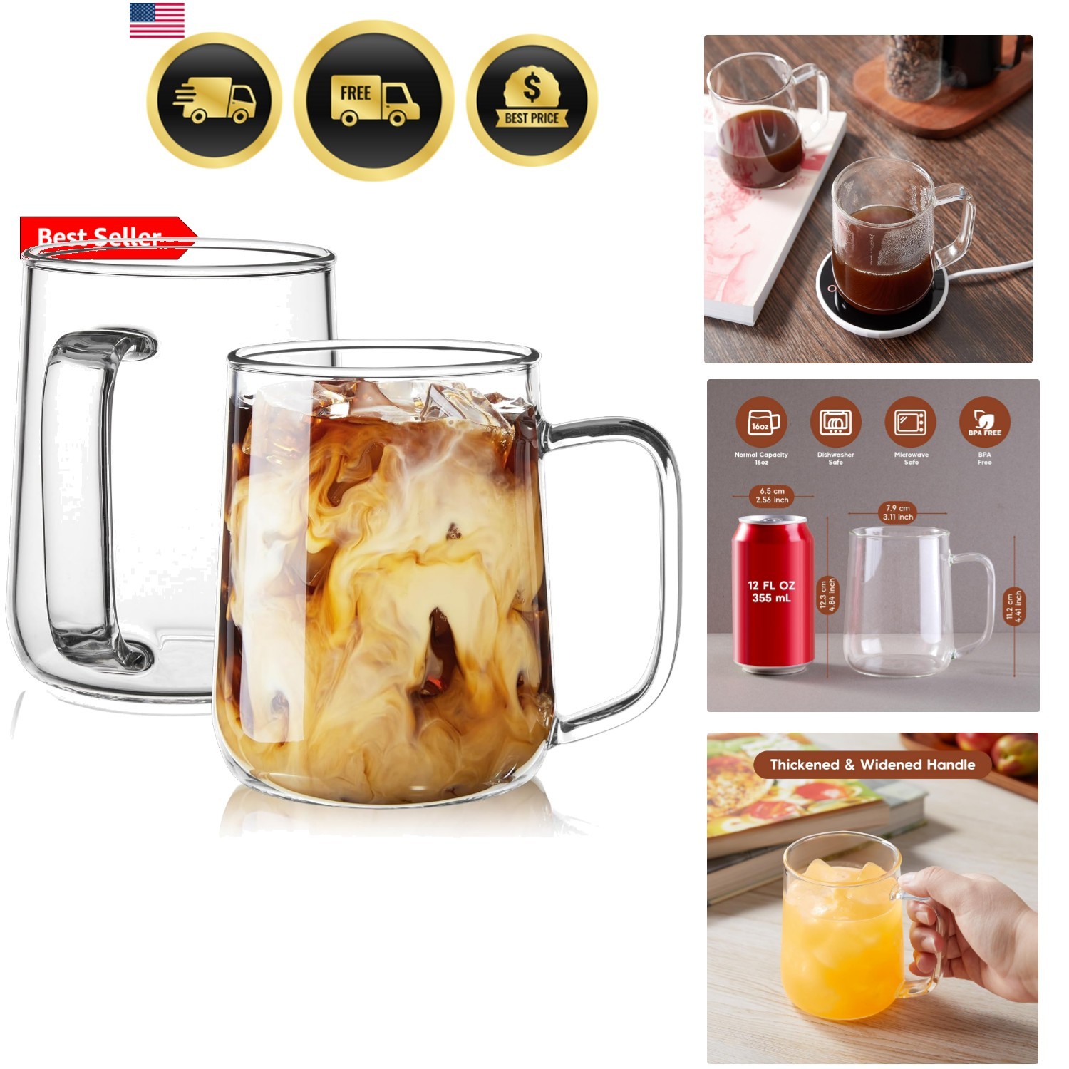 Glass Coffee Mugs, 16 oz Glass Coffee Cups Set of 2, Clear Borosilicate Glass…