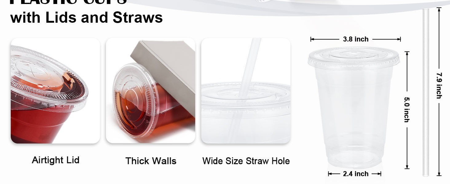 Clear Plastic Cups with Lids and Straws, Disposable Plastic Coffee Cups with