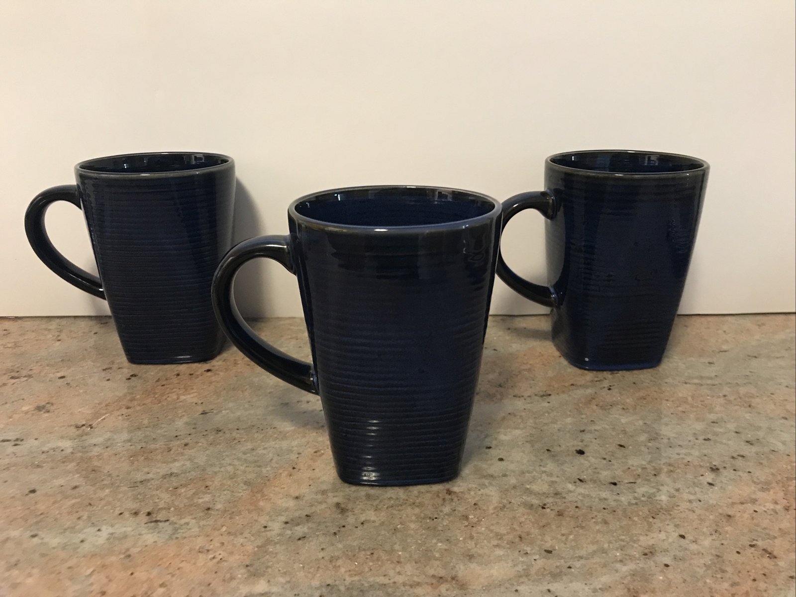 Set 3 Blue Striped Stoneware 16 Ounce Tall Coffee Latte Mugs See Color in Pics