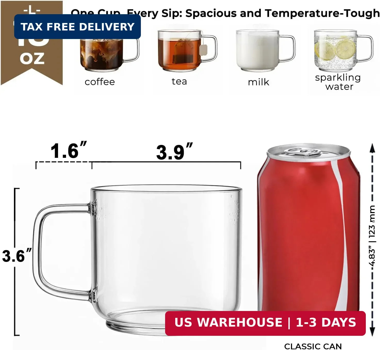 Aquach 18oz Glass Coffee Mugs Set of 2, Large Clear Borosilicate Cups | Dishwash