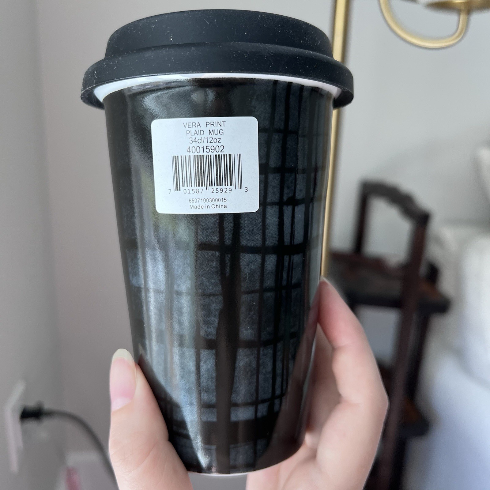 Vera Wang Wedgwood Plaid 12 oz Ceramic Travel Mug Black/Gray Lid *New In Box*