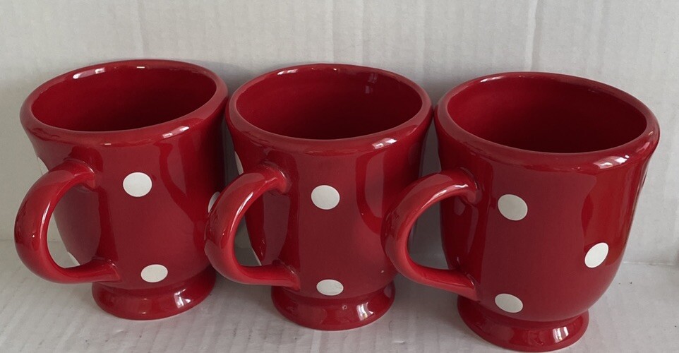 Set of 3 Red & White Polka Dot Ceramic mugs by Terramoto Coffee Tea