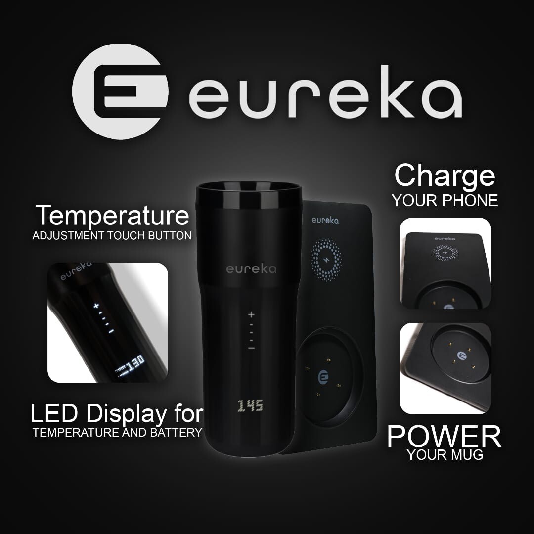 Eureka Temperature Control Smart Travel Black Coffee Mug 12oz Self-Heating