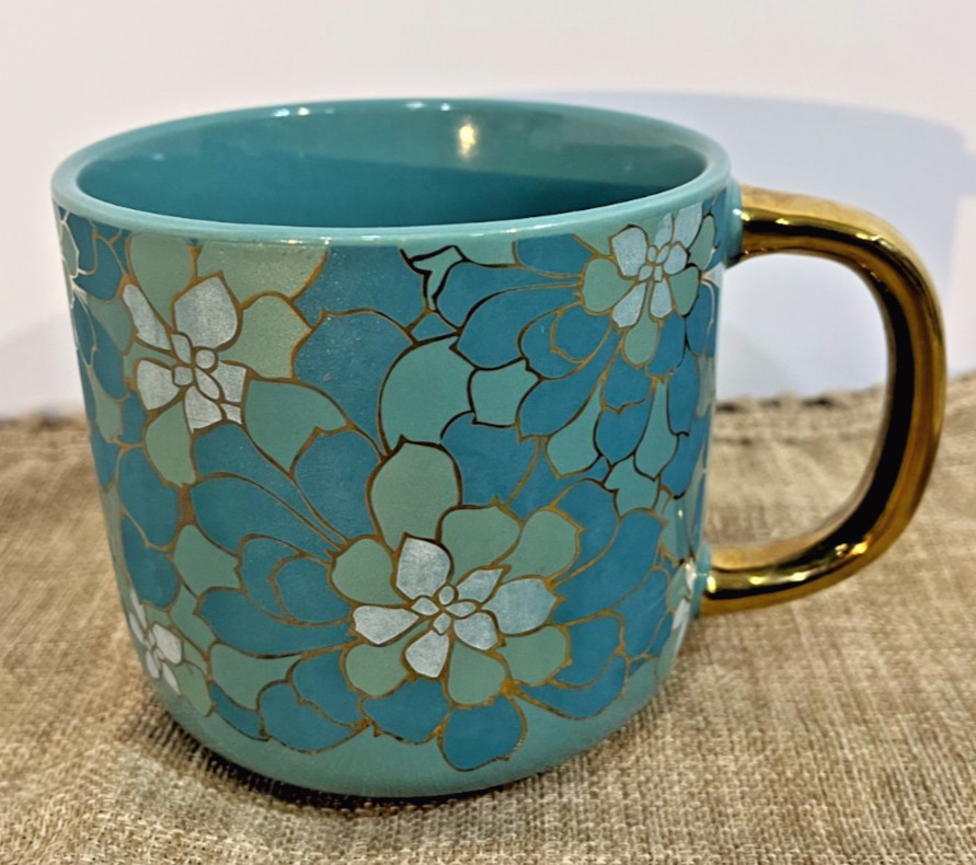 Turquoise Floral Mug Gold Handle Thyme & Table Succulents Coffee Cup