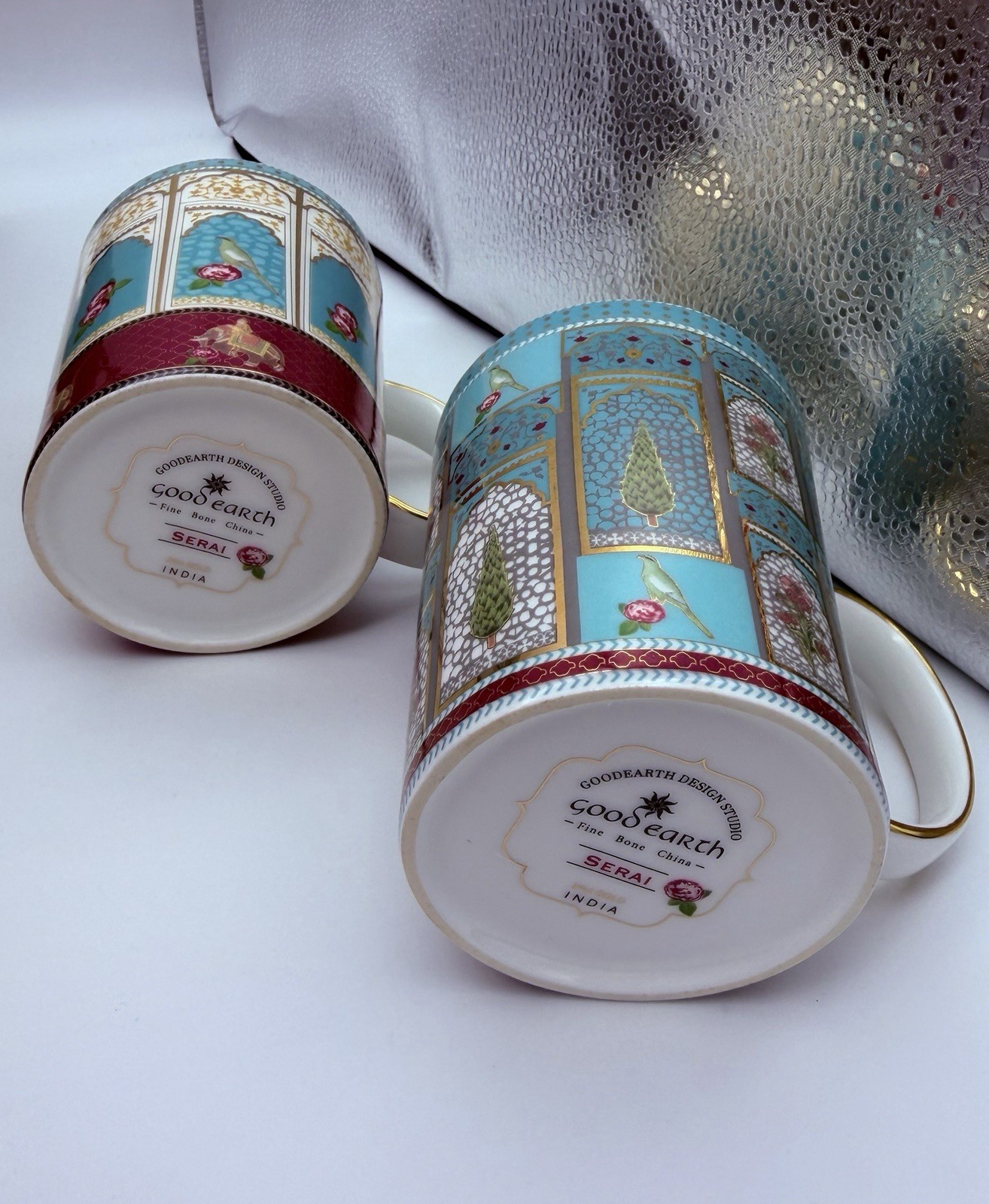 Good Earth Serai fine bone china tall mugs Set Of 2 W/ Hand painted Gold Details