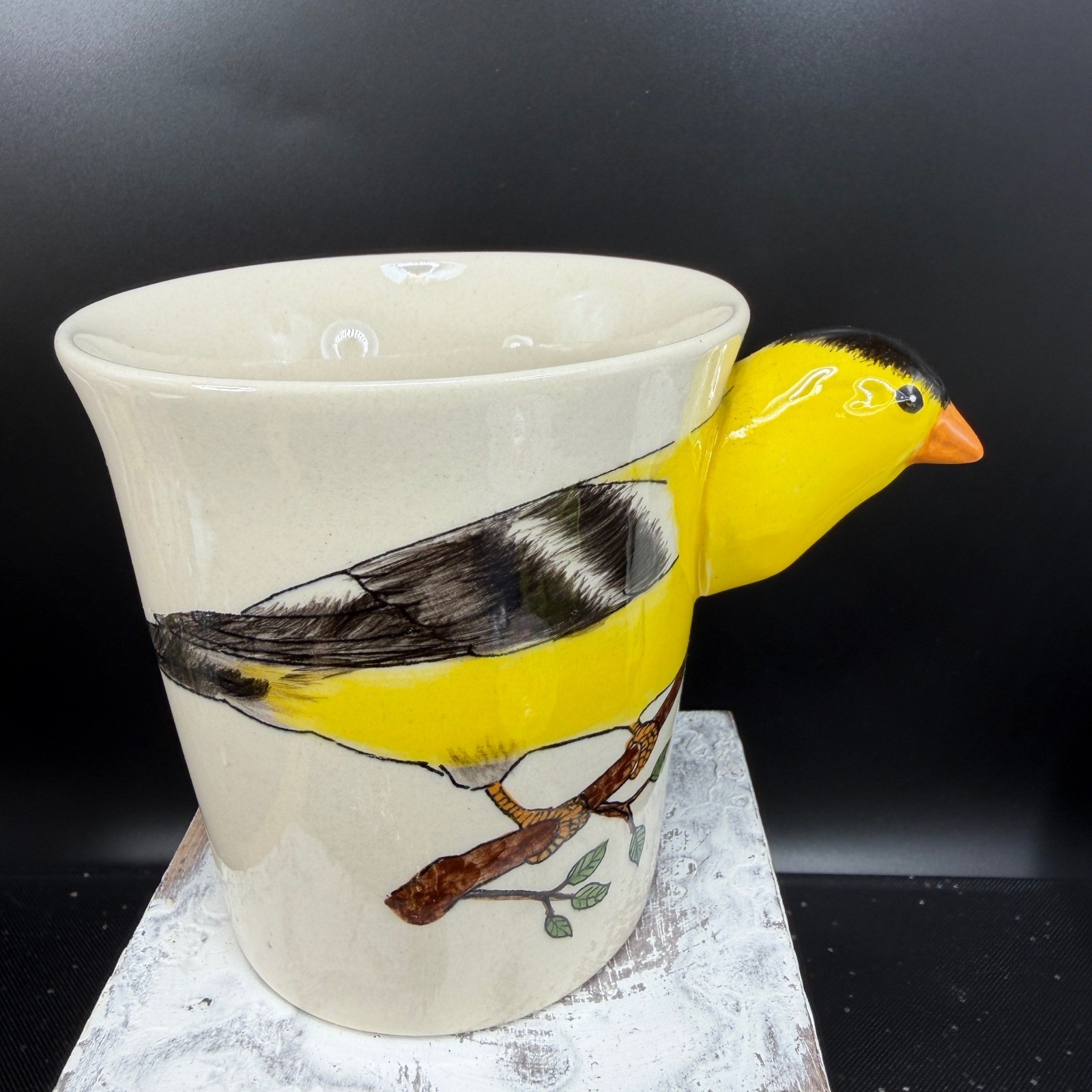 Hand Painted Goldfinch Bird Coffee Mug 3D Handle Ceramic Tea Cup Thailand 3.5in