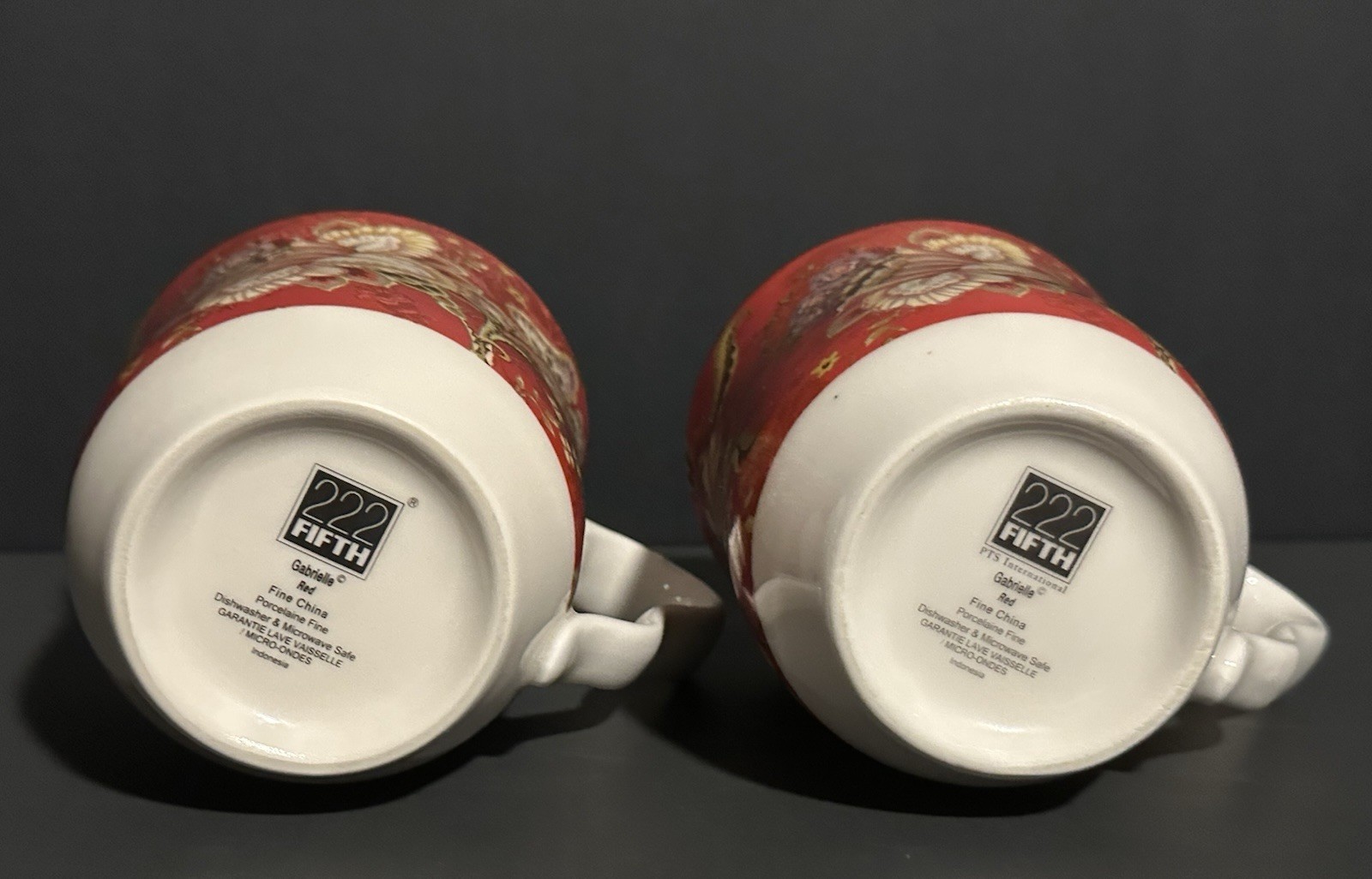 222 Fifth Gabrielle Red Floral Set of Two 4.25″ Fine China Coffee Mugs Tea Cups