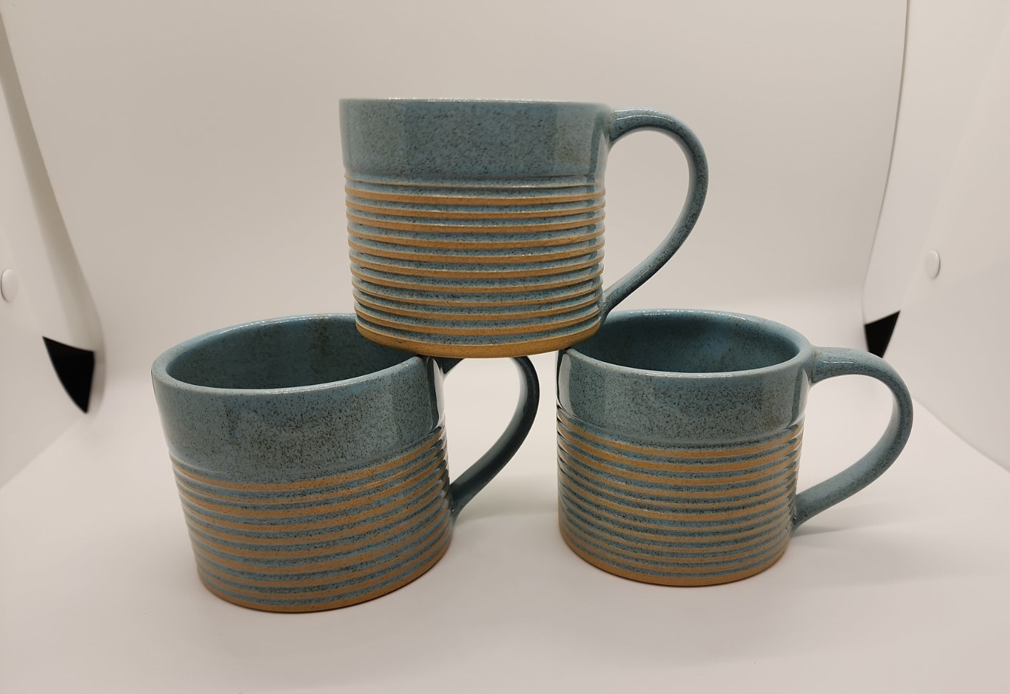 Set of 3 Handmade Coffee Cups 8oz Aqua w/ Tan Etched Stripes from ACP in Nepal