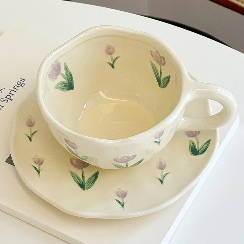 Korean Style Flower Pattern Ceramic Cup and Saucer Set Hand Pinched Irregular Co