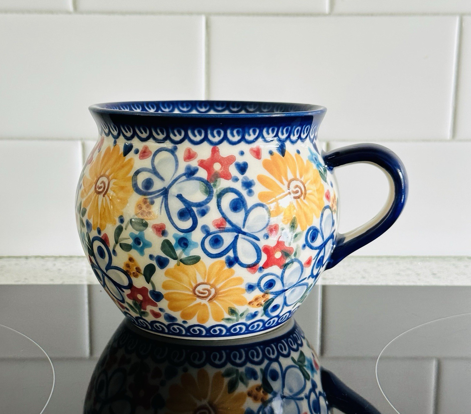 Polish Mug Pottery Bubble Mug Blue Red Yellow Butterflies Flowers Unikat Vena