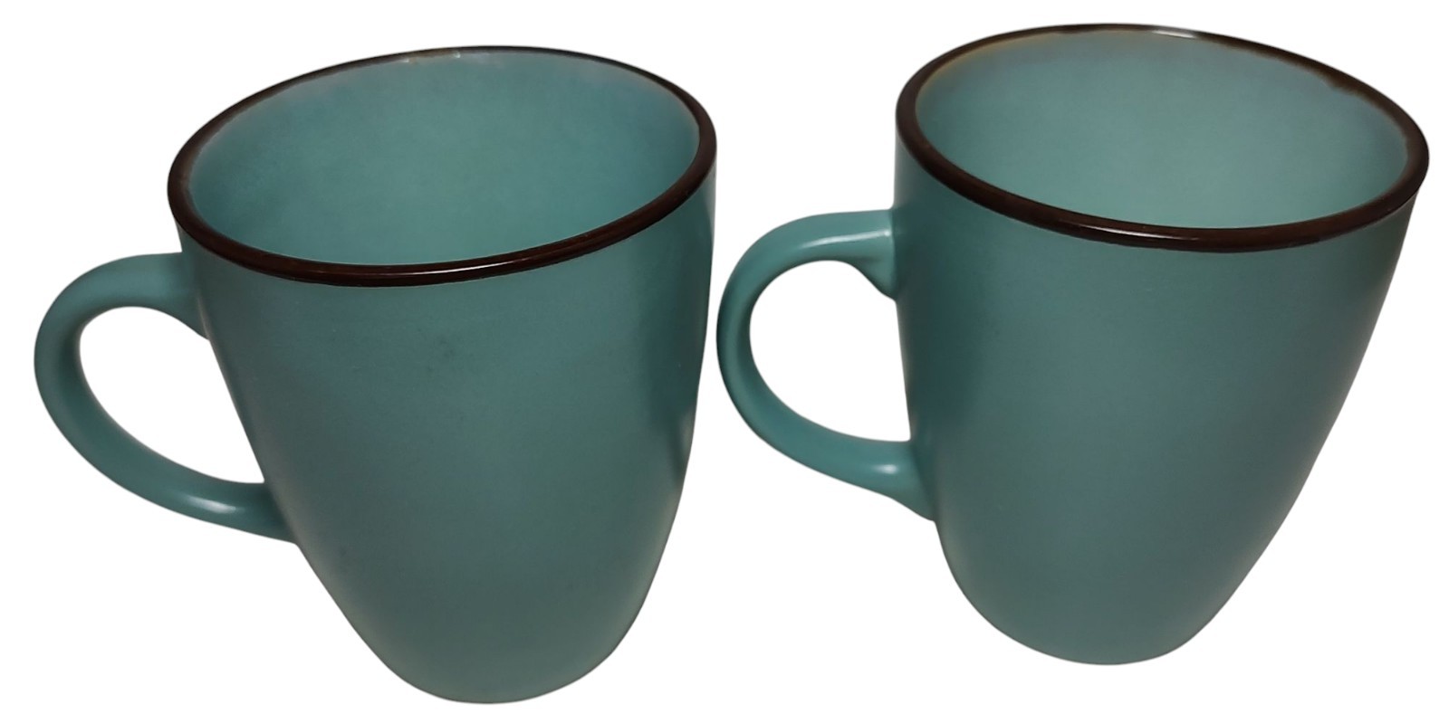 Vintage Large Coffee Mugs Cups Teal with Brown Trim Unbranded Ten oz Lot of Two