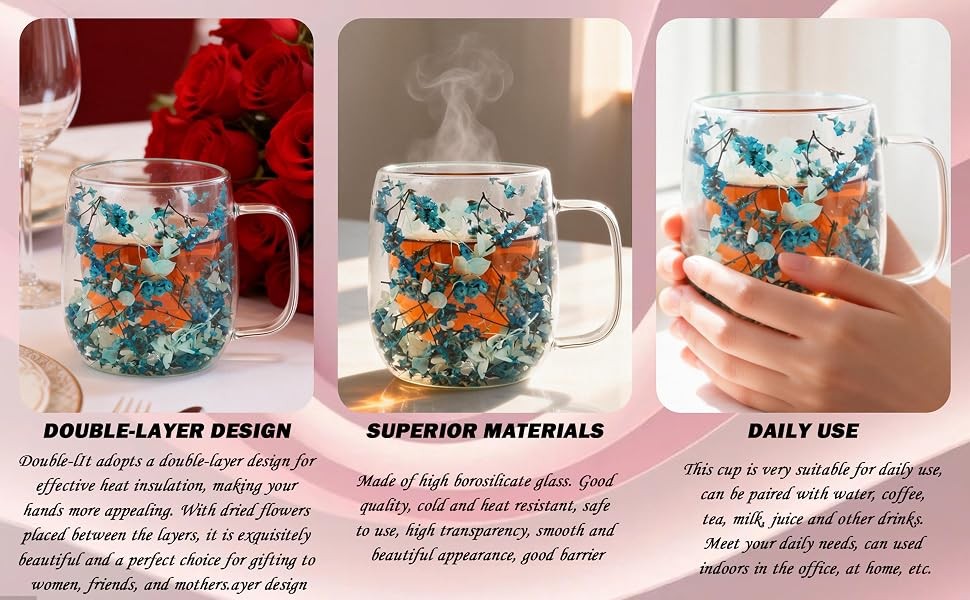 Real Flower Glass Tea Cup, Double Wall Borosilicate Coffee Mug with Preserved