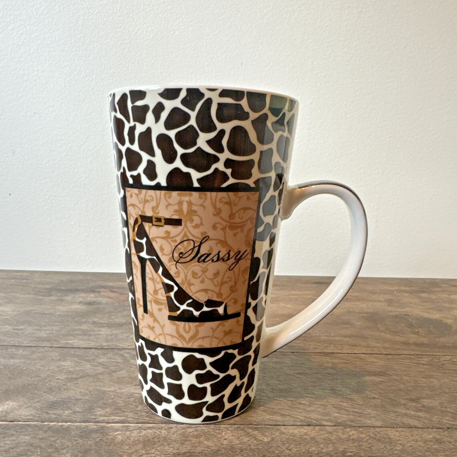 Coffee Mug Latte TALL 6″ Leopard print Sassy High Heel Eco One 16 oz Fine China