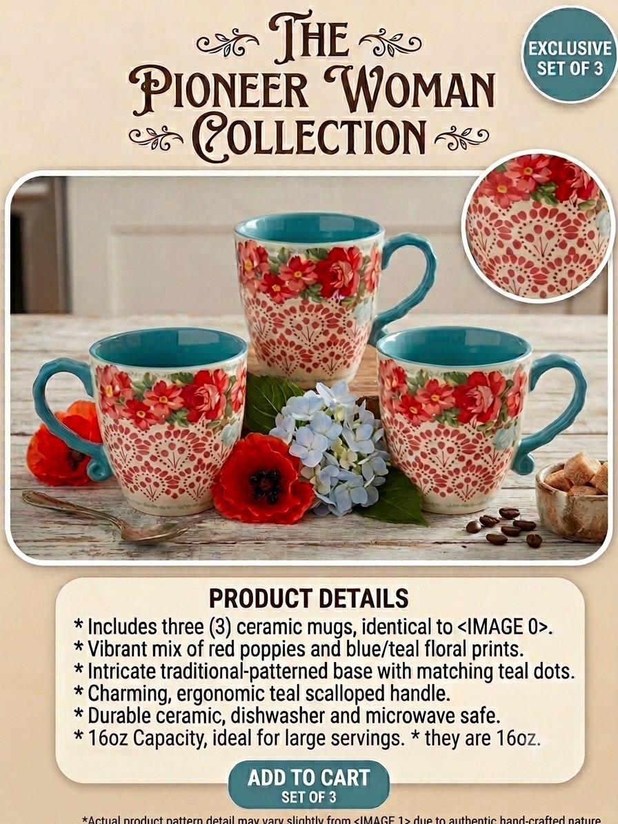 The Pioneer Woman Coffee Mugs 16oz Turquoise Floral Set Of 3