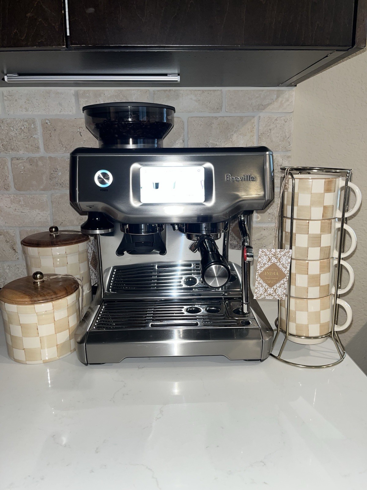 MADE IN INDIA MOCHA CHECK NWT STACKABLE COFFEE MUGS SET OF 4
