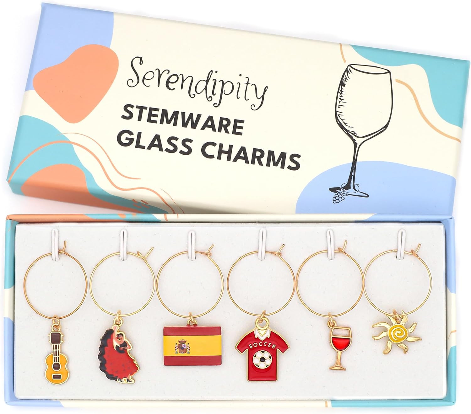 Spain Wine Charms Set of 6 Spanish Theme Wine Glass Markers Party Wedding Favors
