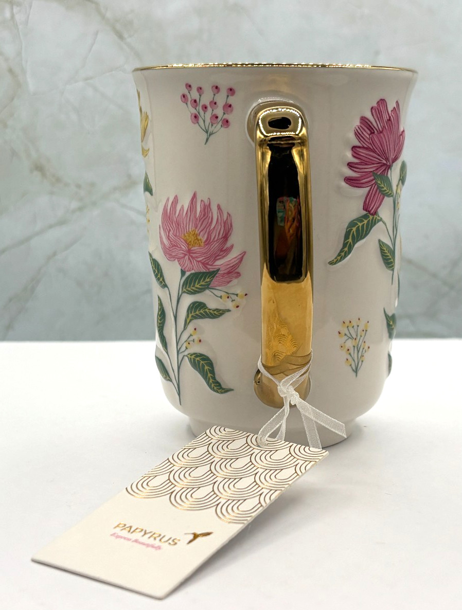 Papyrus Porcelain Ceramic Embossed Floral Coffee Mug 24K Gold Trim Handle 14oz