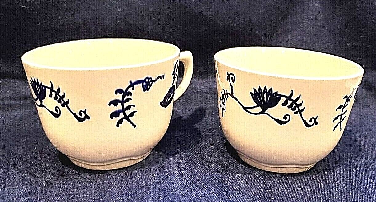 Stoneware Coffee Cups USA Vintage Deep Blue Flowers Pair 8 fl oz