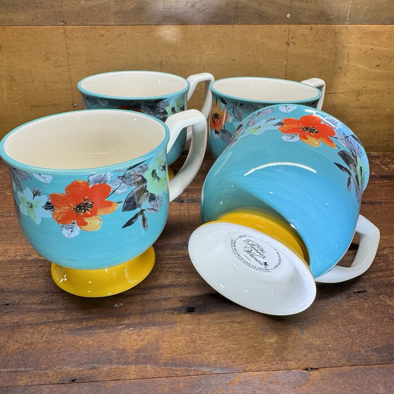 4 Pioneer Woman Mug Flea Market Footed Teal Yellow Flowers Turquoise Floral Farm