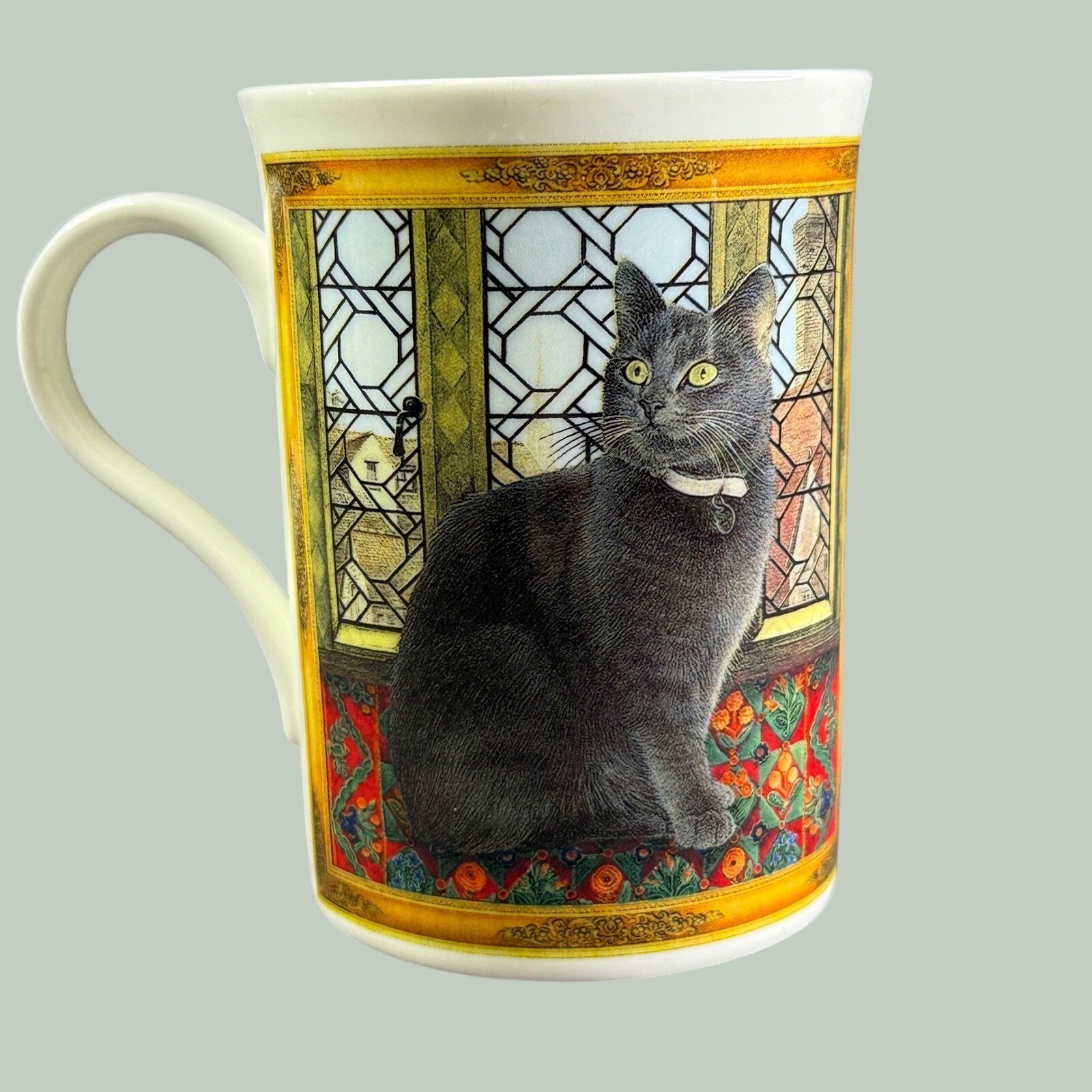 Crown Trent Fine Bone China Grey Cat Stained Glass Window Mug Made in England