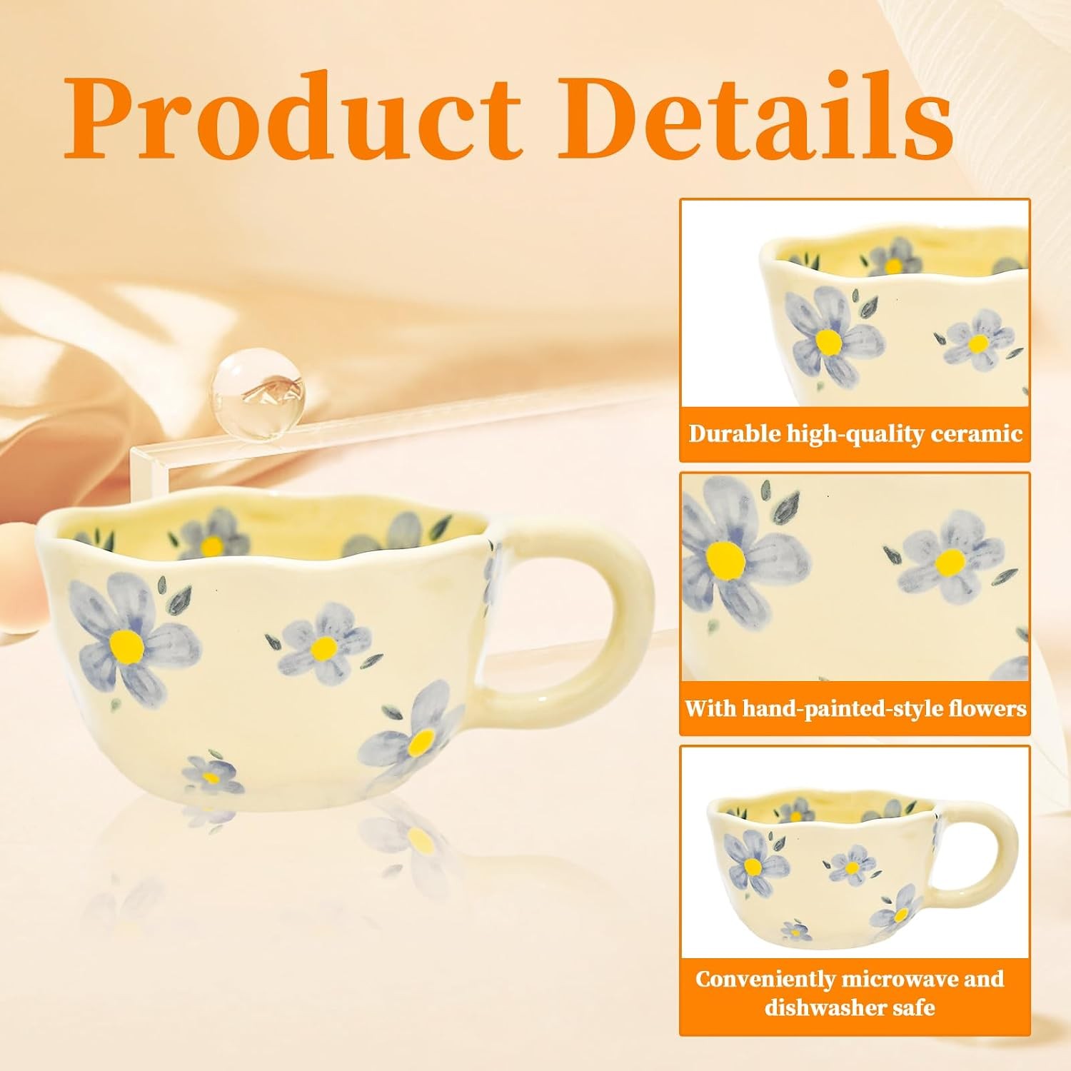 8.5 oz Elegant Floral Ceramic Mug Coffee Cup with Flower Decorations, 250ml