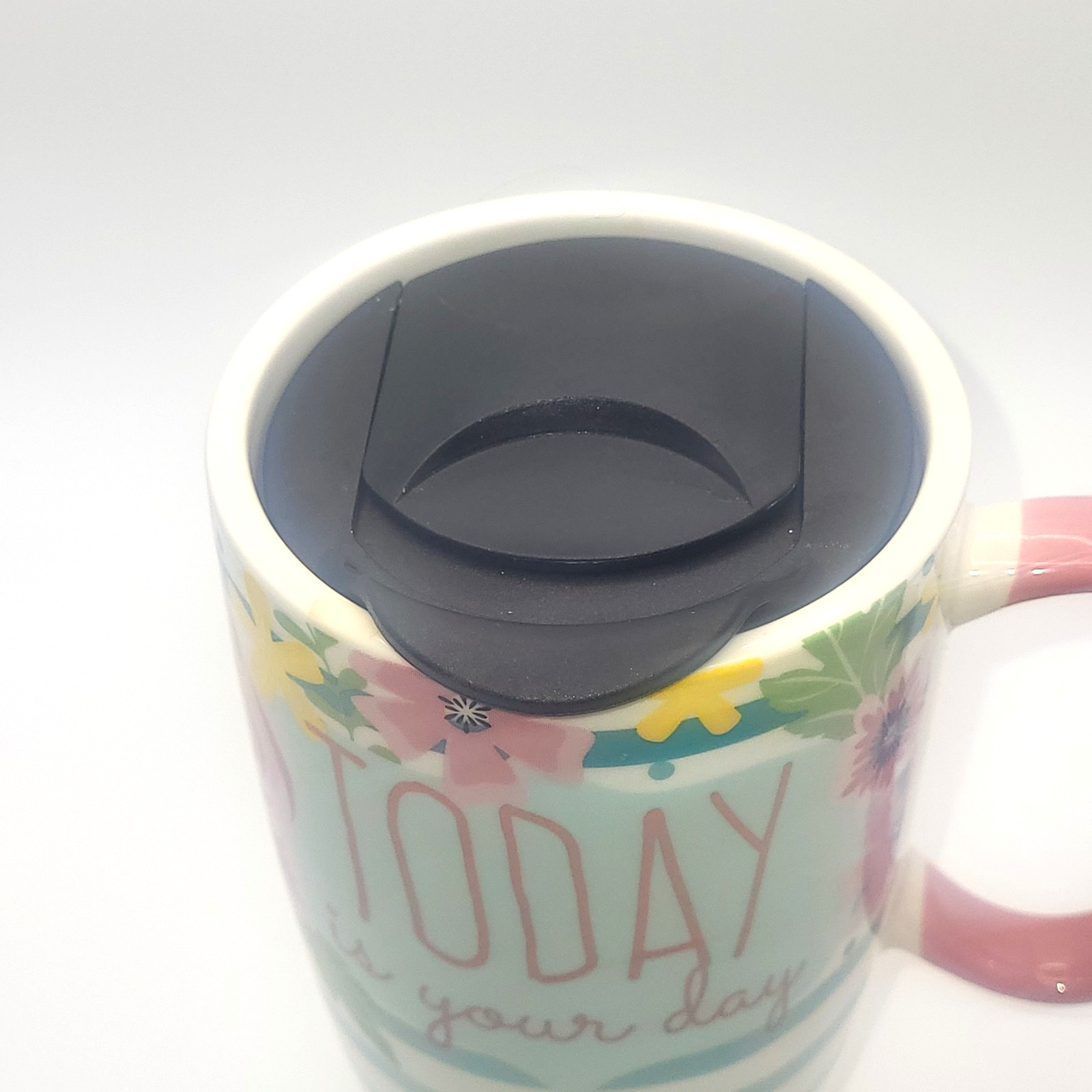 Today Is Your Day Ceramic Travel Mug. with Lid Pink Flowers Liquidation