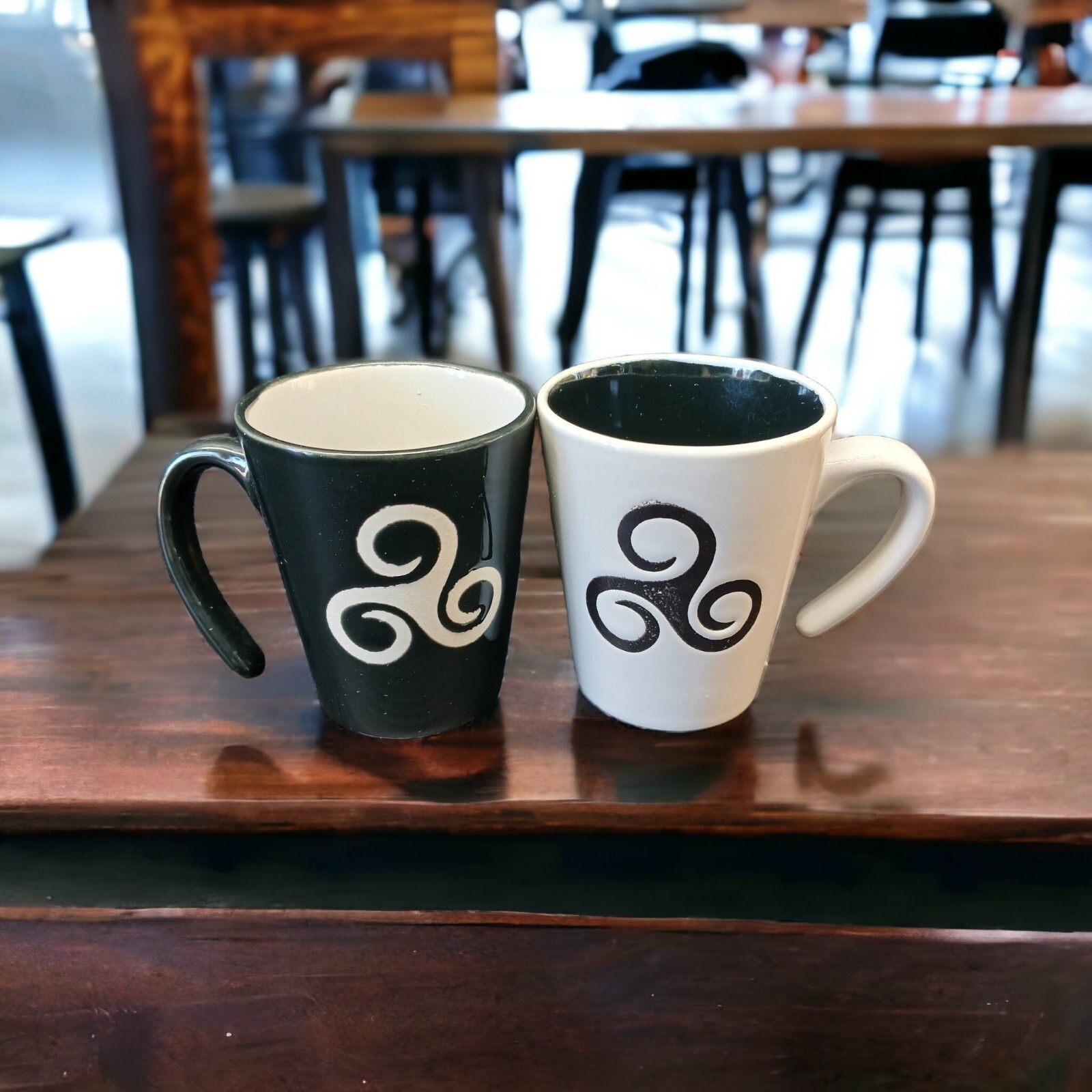 Celtic Triskele Design Matching Black and Cream Color Espresso Mugs 3oz