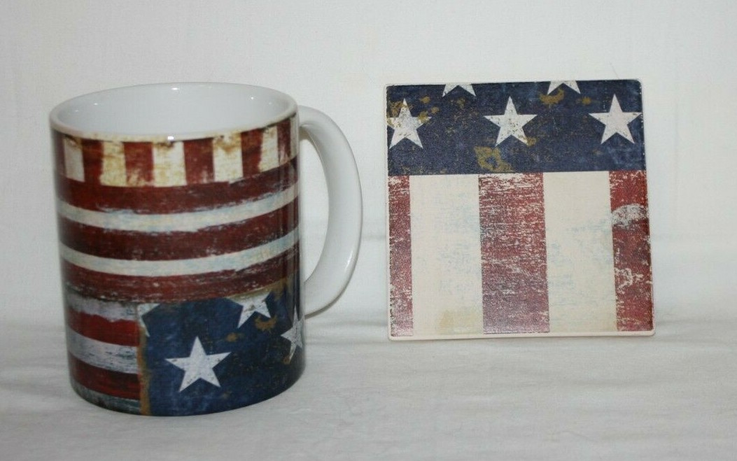 Counter Art 11oz Mug 4″ Stone Coaster Gift Set Patriotic Patchwork