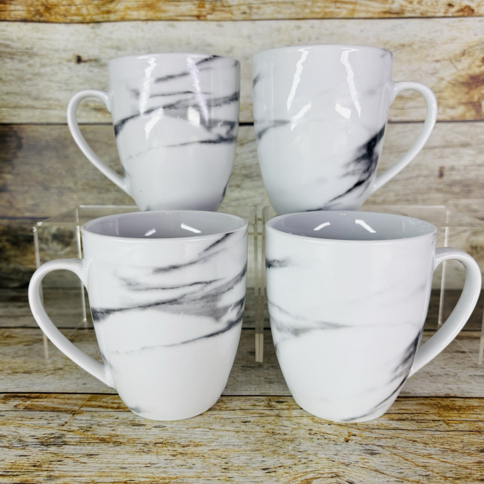 H2K Home To Kitchen MARBLE Design White Gray 14oz Porcelain Cup Mugs Set of 4