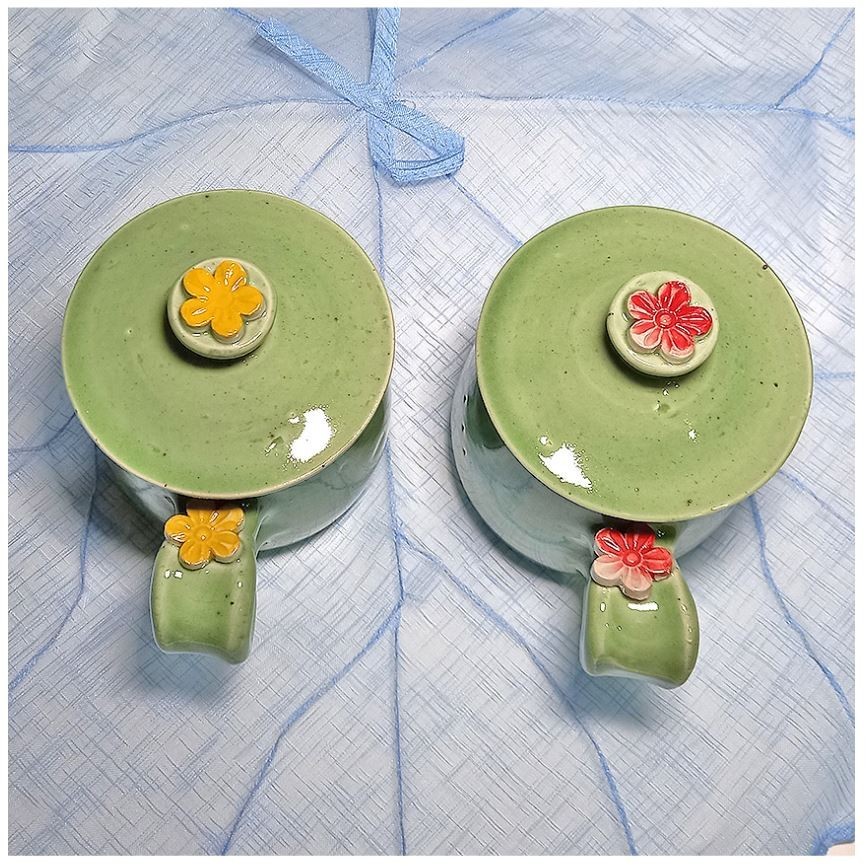 Korean Handmade Green Ceramic Mug Set Floral Lid Tea Coffee Cup Gift Set of 2