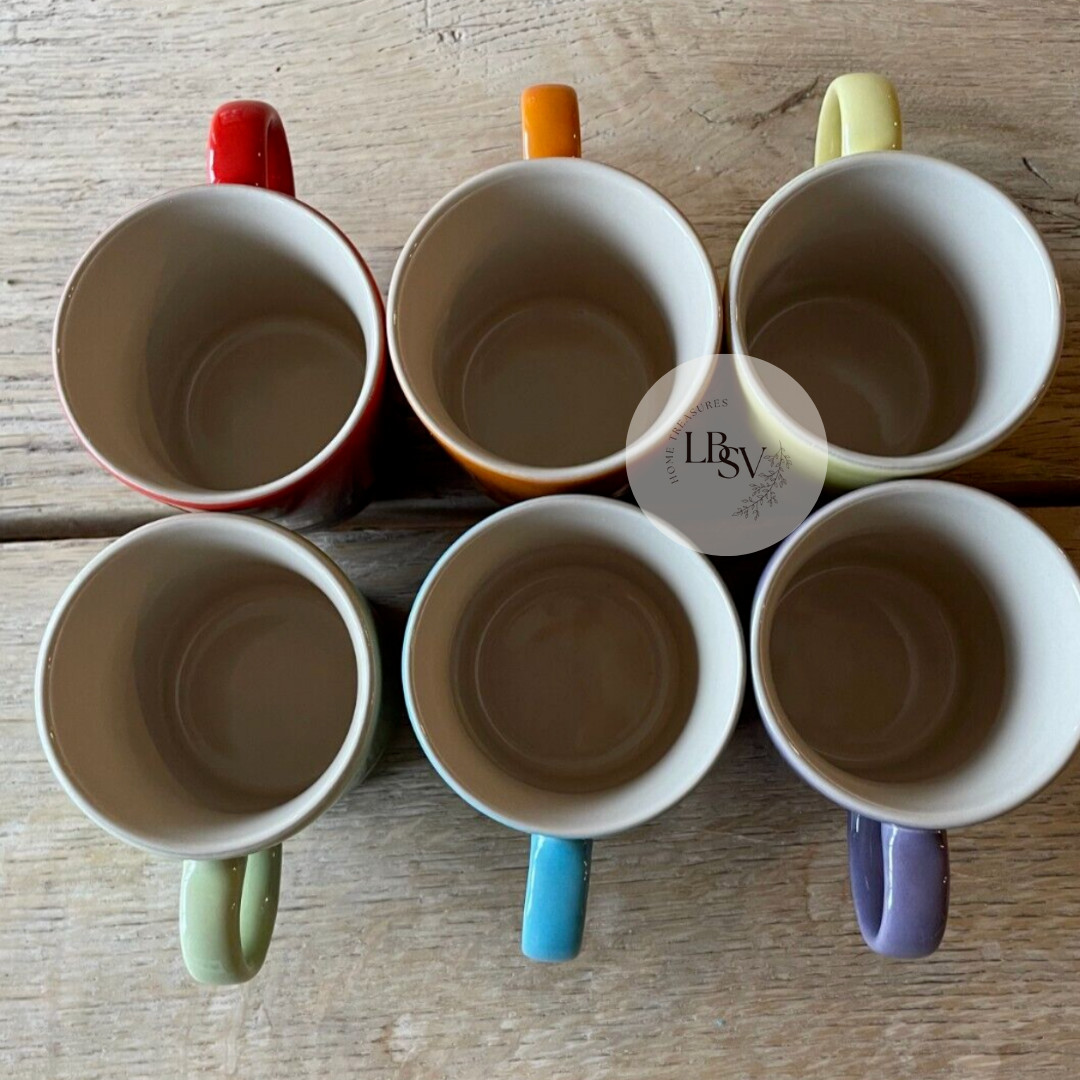 Le Creuset Stoneware Rainbow Multicolor Set of 6 3.5oz London Espresso Mugs NEW