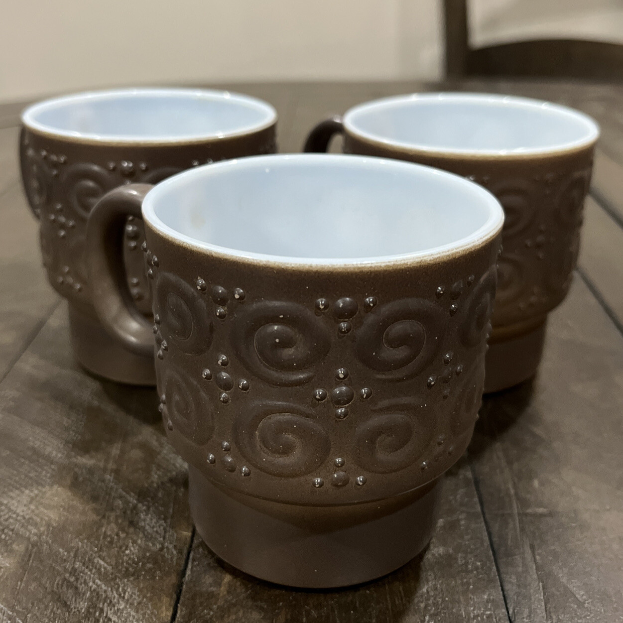 Vtg FireKing Gray Milk Glass Stackable Swirl Dot Coffee Mugs Set of 3 MCM Retro