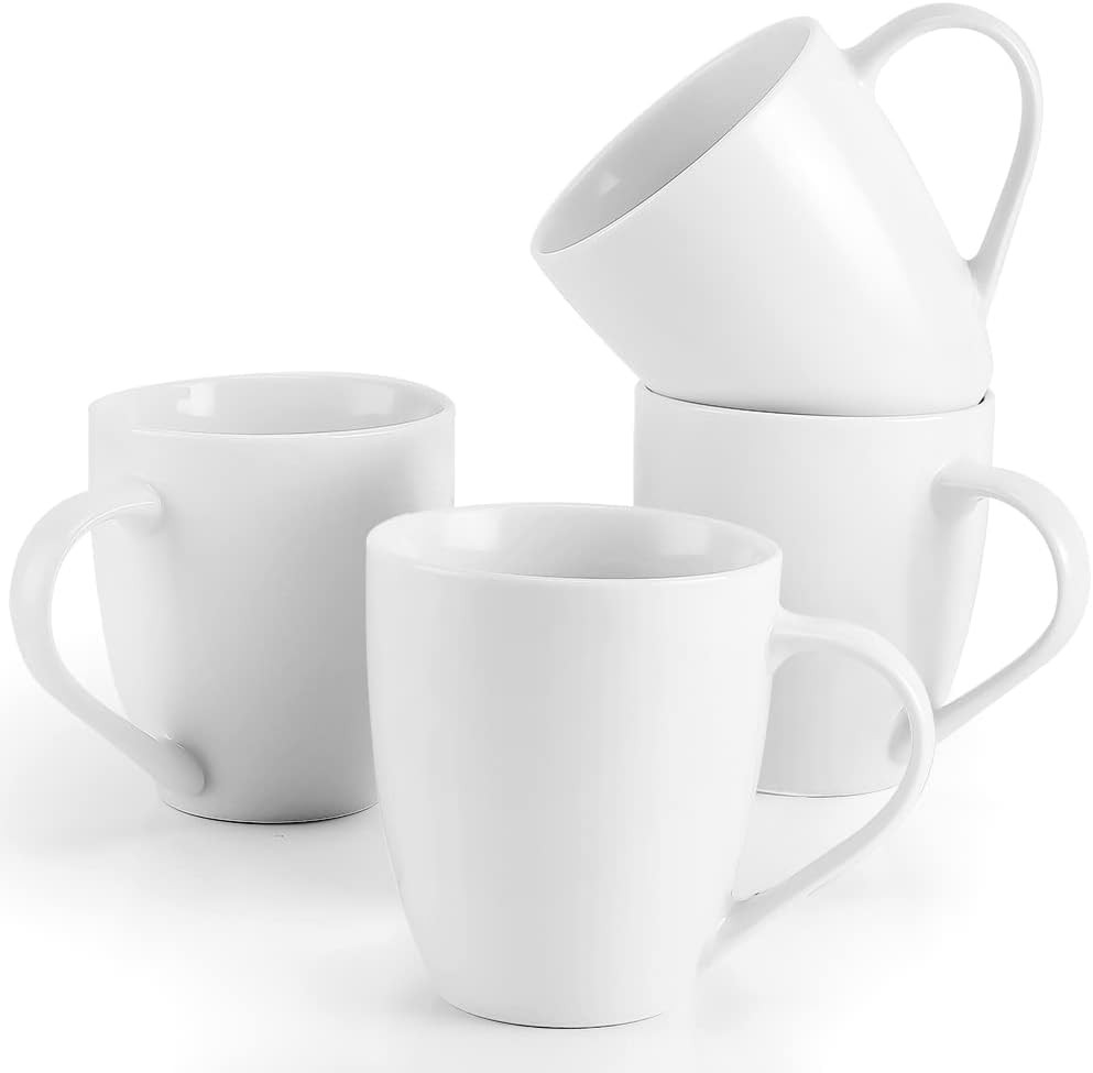 White Coffee Mugs Set of 4, 16 Ounce Mug with Handles, Ceramic Coffee Cups, Porc