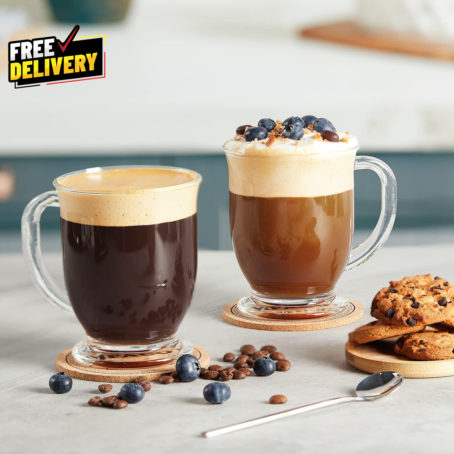 Glass Coffee Mugs Set of 4 Clear Large Coffee Mug 15 Oz with Handles for Hot B..